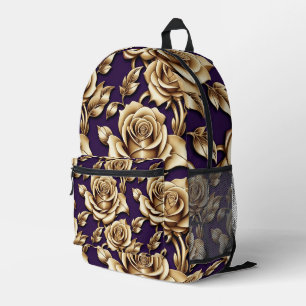 Metallic Gold Roses On A Matte Deep Purple  Printed Backpack