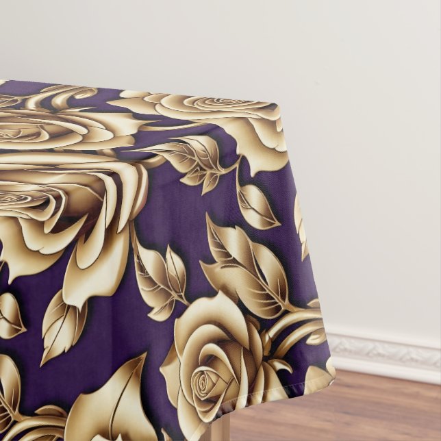Metallic Gold Roses On A Matte Deep Purple  Tablecloth (In Situ)