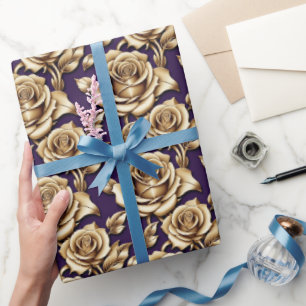 Metallic Gold Roses On A Matte Deep Purple Wrapping Paper