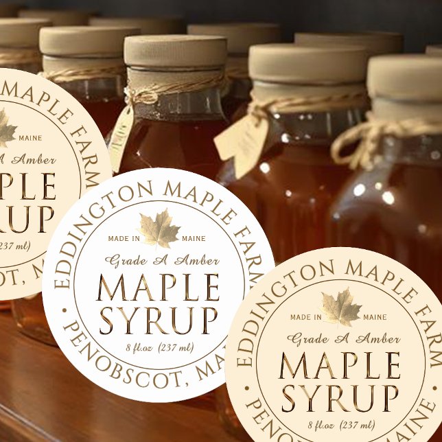 Metallic Gold State Name Maple Syrup with Leaf  Classic Round Sticker (Creator Uploaded)