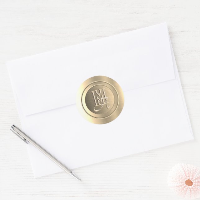 Metallic Gold Steel Engraved Monogram Classic Round Sticker (Envelope)