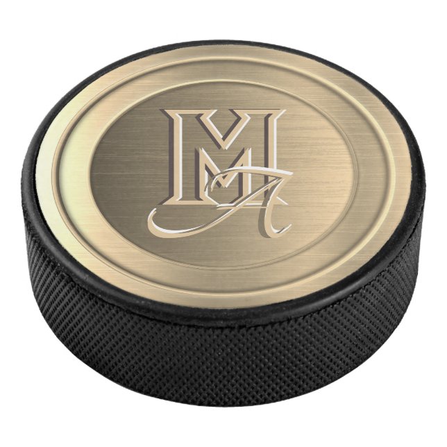 Metallic Gold Steel (imitated) Engraved Monogram Hockey Puck (3/4)