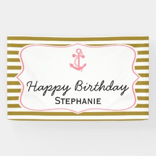 Metallic Gold Stripes with Pink Anchor Birthday Banner