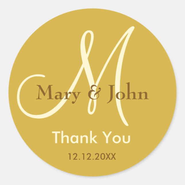 Metallic Gold Thank You Wedding Monogram Sticker (Front)