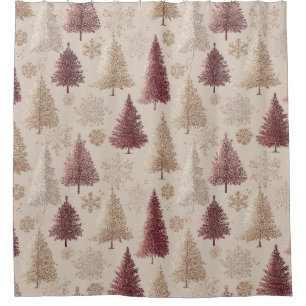 Metallic Gold Trees and Burgundy Christmas Forest Shower Curtain