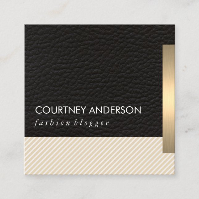 Metallic Gold Trim and Leather with Stripes Square Business Card (Front)