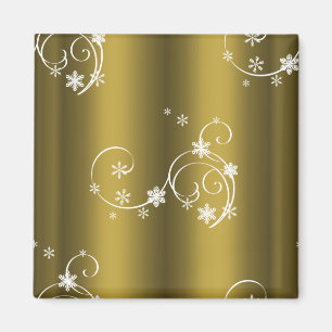 Metallic Gold, White Swirls Christmas Magnet