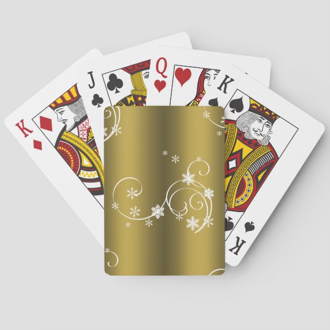 Metallic Gold, White Swirls Christmas Playing Cards (Back)