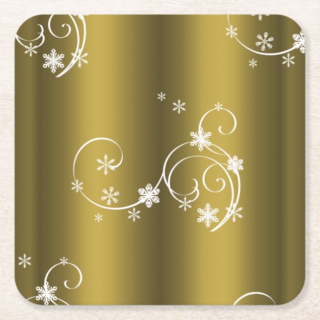 Metallic Gold, White Swirls Christmas Square Paper Coaster (Front)