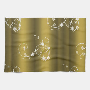 Metallic Gold, White Swirls Christmas Tea Towel