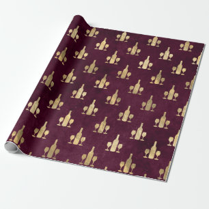 Metallic Gold Wine Bottles and Glasses on Maroon Wrapping Paper