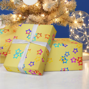 Metallic Gold with Neon Stars Custom Wrapping Paper