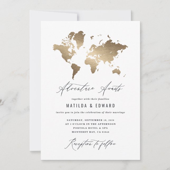 Metallic gold world map travel wedding (Front)