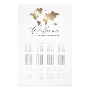 Metallic gold world map wedding seating plan photo print