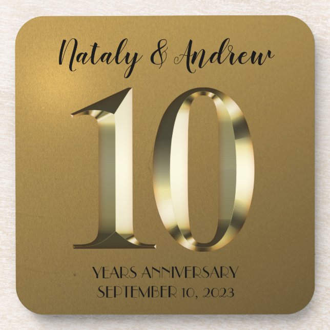 Metallic golden 10th Wedding Anniversary Coaster (Front)