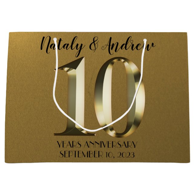 Metallic golden 10th Wedding Anniversary Large Gift Bag (Front)
