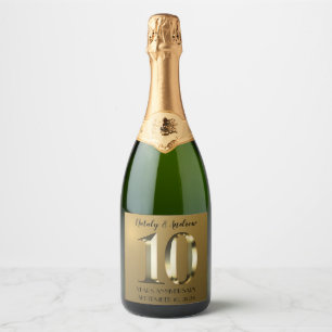 Metallic golden 10th Wedding Anniversary Sparkling Wine Label