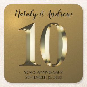 Metallic golden 10th Wedding Anniversary Square Paper Coaster
