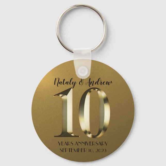 Metallic golden 10th Wedding Key Ring (Front)