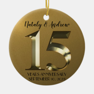 Metallic golden 15th Wedding Anniversary Ceramic Tree Decoration