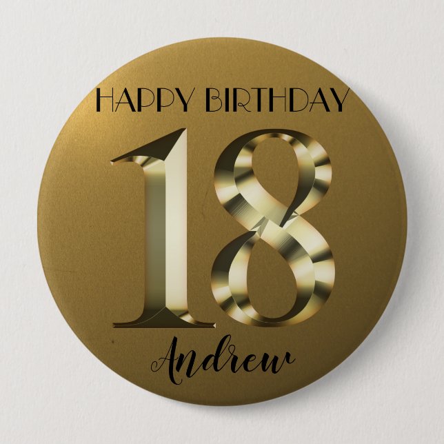 Metallic golden 18th birthday 10 cm round badge (Front)