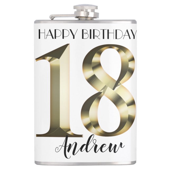Metallic golden 18th birthday hip flask (Front)