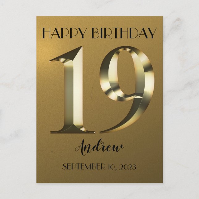 Metallic golden 19th birthday postcard (Front)