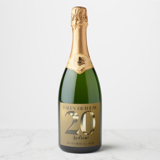 Metallic golden 20th birthday sparkling wine label (Front)