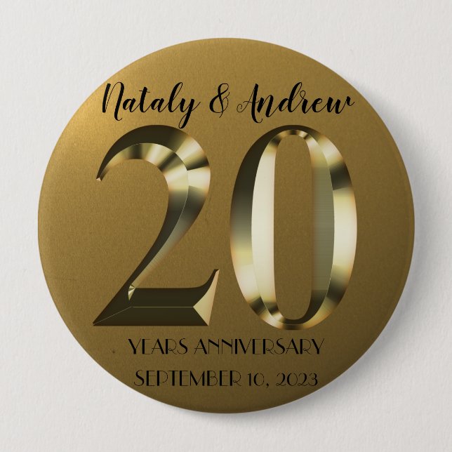 Metallic golden 20th Wedding Anniversary 10 Cm Round Badge (Front)