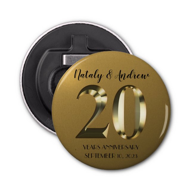 Metallic golden 20th Wedding Anniversary Bottle Opener (Front)