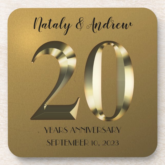 Metallic golden 20th Wedding Anniversary Coaster (Front)