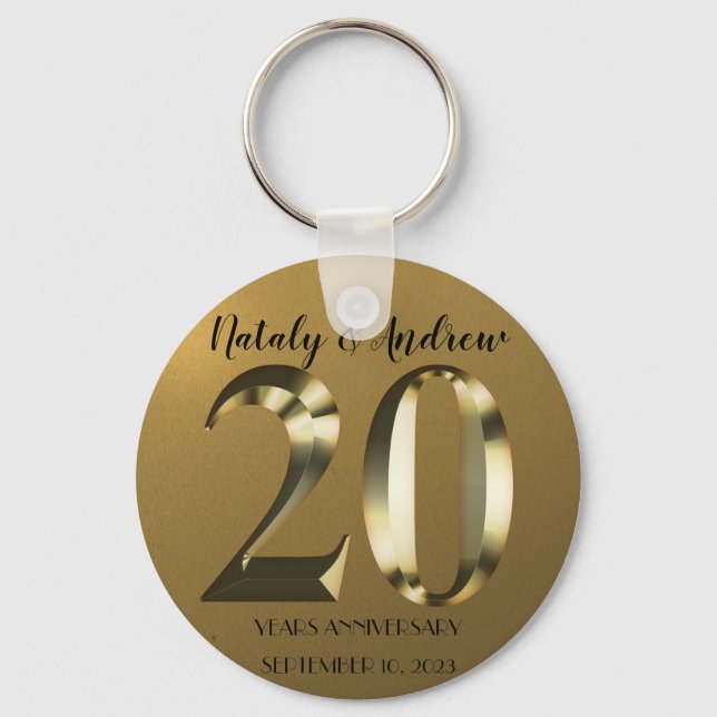 Metallic golden 20th Wedding Anniversary Key Ring (Front)