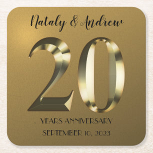 Metallic golden 20th Wedding Anniversary Square Paper Coaster