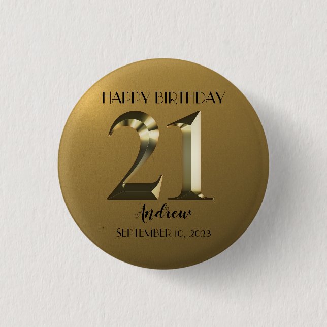 Metallic golden 21st birthday 3 cm round badge (Front)