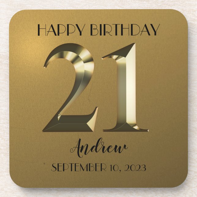 Metallic golden 21st birthday coaster (Front)
