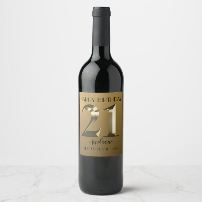 Metallic golden 21st birthday wine label (Front)