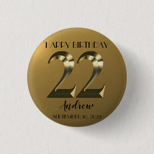 Metallic golden 22th birthday 3 cm round badge