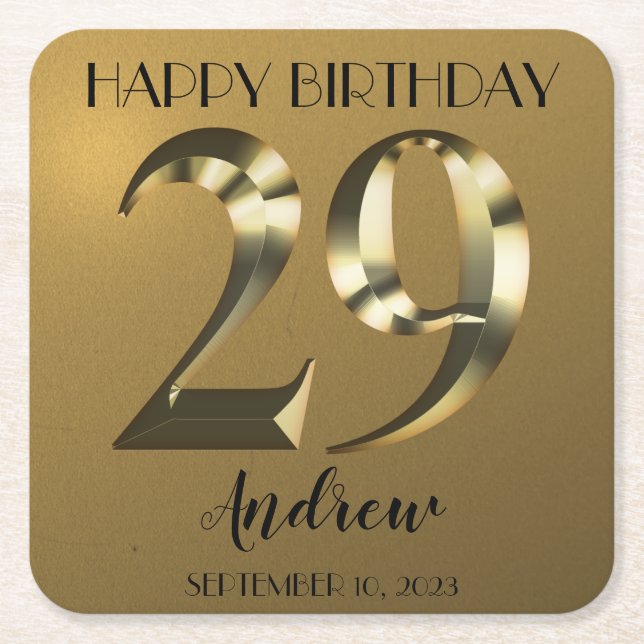 Metallic golden 29th birthday square paper coaster (Front)