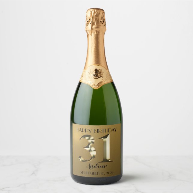Metallic golden 31th birthday sparkling wine label (Front)