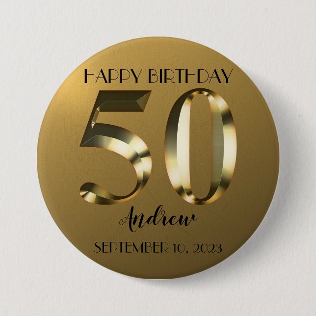 Metallic golden 50th birthday 7.5 cm round badge (Front)