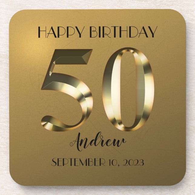 Metallic golden 50th birthday coaster (Front)