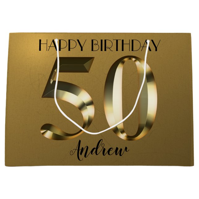 Metallic golden 50th birthday large gift bag (Front)