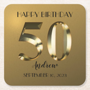 Metallic golden 50th birthday square paper coaster