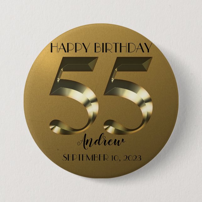 Metallic golden 55th birthday 7.5 cm round badge (Front)