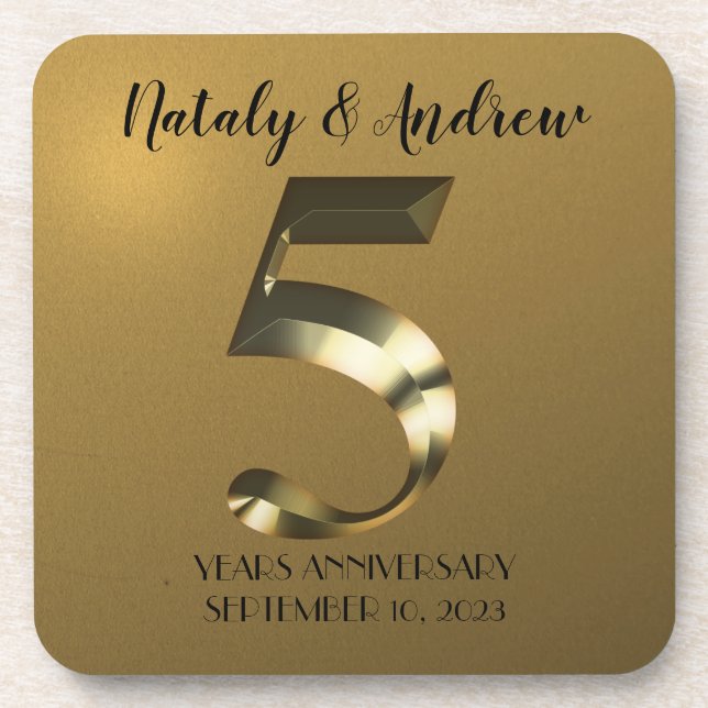 Metallic golden 5th Wedding Anniversary Coaster (Front)
