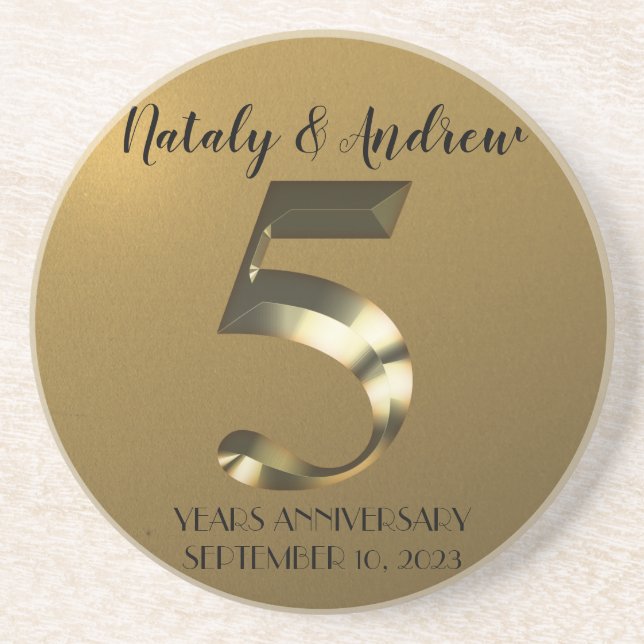 Metallic golden 5th Wedding Anniversary Coaster (Front)