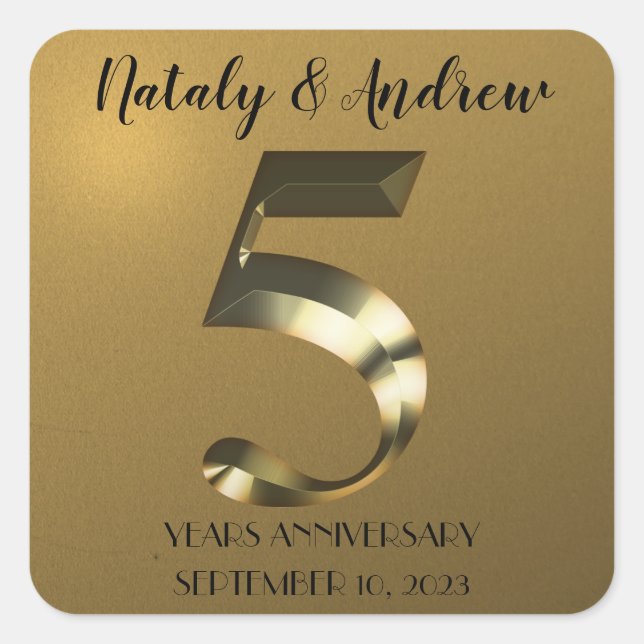 Metallic golden 5th Wedding Anniversary Square Sticker (Front)