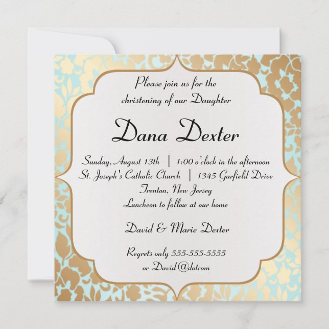 Metallic Golden Aqua Floral Baptism Invitation (Front)