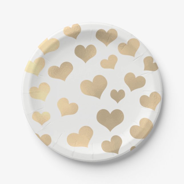 Metallic Golden Hearts Confetti White Delicate Paper Plate (Front)