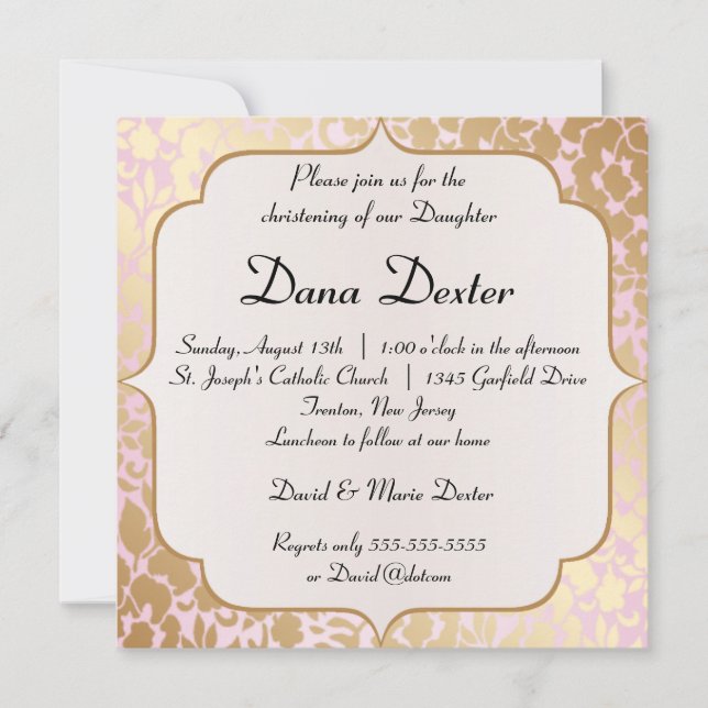 Metallic Golden Rose Pink Baptism Invitation (Front)